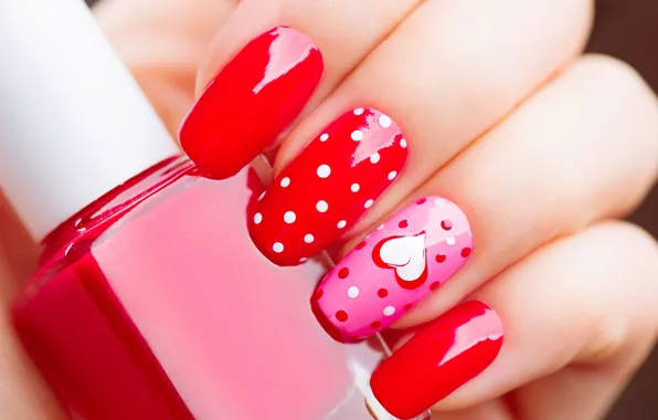 Picture macro, close-up, red, hand, fingers, heart, nails, Valentine's day, lacquer, bokeh, manicure