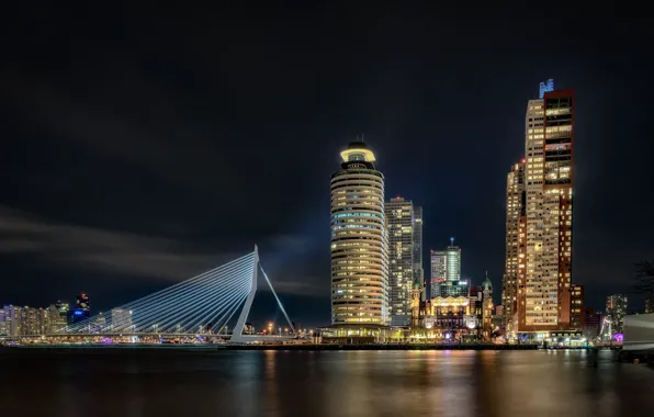 Picture night, bridge, lights, home, support, Netherlands, Rotterdam