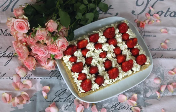 Picture Strawberry, Bouquet, Petals, Strawberry, Cake, Cake, Bouquet, Pink roses, Fruit cake