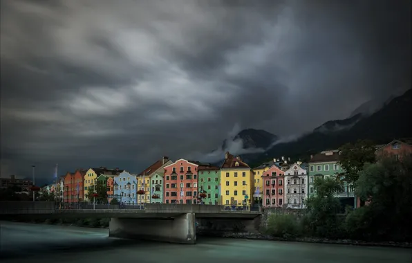 Picture clouds, bridge, river, home, Austria, Innsbruck