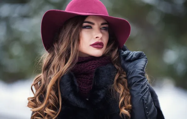 Picture winter, background, model, portrait, hat, makeup, scarf, hairstyle, gloves, brown hair, beauty, coat, bokeh, Kate, …