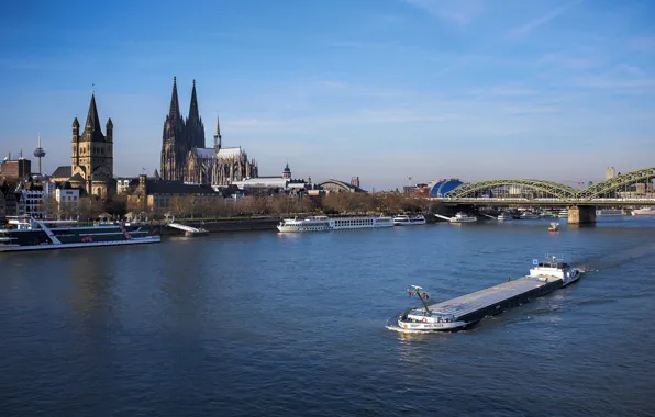 Picture bridge, river, Germany, Cologne Cathedral, barge, Cologne, Rhine