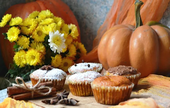 Picture autumn, flowers, pumpkin, cinnamon, cakes, cupcakes