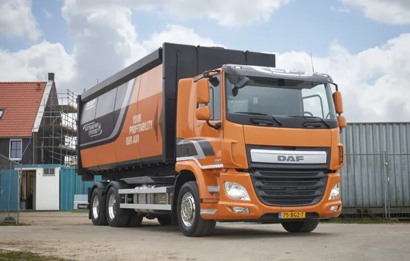 Picture orange, house, body, DAF, DAF, dump truck, 6x2, platform, Euro6, DAF CF 310 FAS