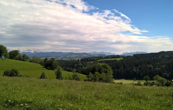 Picture sky, trees, mountains, clouds, hill, switzerland, sunny, aegerten, bern