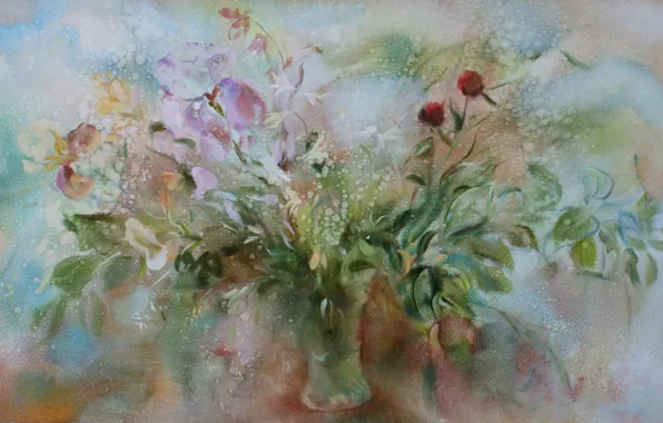 Picture blue background, Still life, violet, red flowers, Sfumato, gift painting, Petrenko Svetlana, green vase