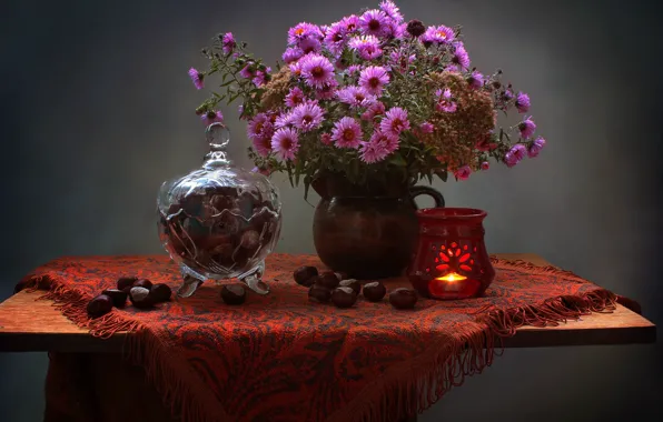 Picture autumn, flowers, candle, vase, still life, chrysanthemum, candle holder, September, chestnuts