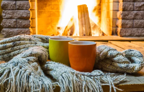 Picture comfort, house, fire, scarf, Cup, fireplace