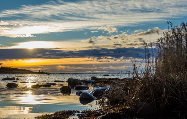 Picture sunset, lake, Aland Islands, Torp, Eckero