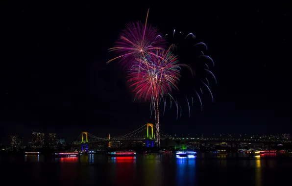 Picture lights, holiday, the building, view, beauty, panorama, Tokyo, Japan, Rainbow Bridge, fireworks