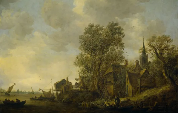 Picture landscape, oil, picture, Jan van Goyen, View of the Village on the River