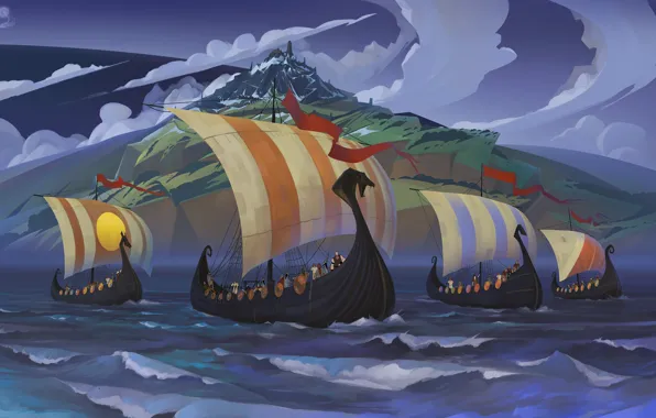 Picture sea, landscape, ship, art, sail, warriors, Banner Saga