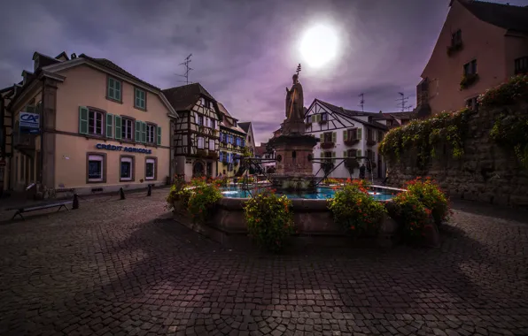 Picture flowers, France, home, area, fountain, sculpture, Alsace, Eguisheim