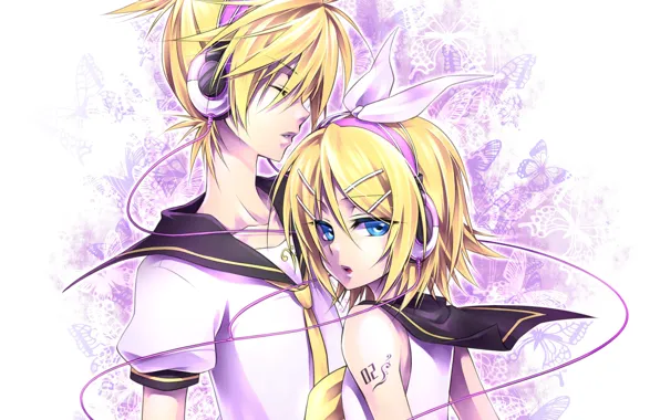 Picture girl, butterfly, guy, two, Vocaloid, Vocaloid, Kagamine Len, Kagamine Rin