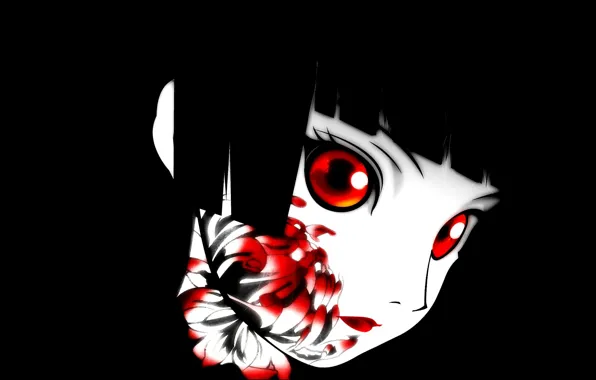 Picture void, darkness, red eyes, black hair, art, bloody, chrysanthemum, Enma Ai, Jigoku Shoujo, Hell girl, …