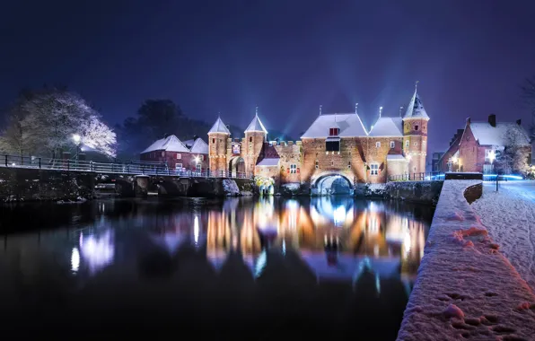 Picture winter, bridge, reflection, river, castle, gate, Netherlands, night city, promenade, Netherlands, Koppelpoort, Amersfoort, Koppelpoort, Eem …