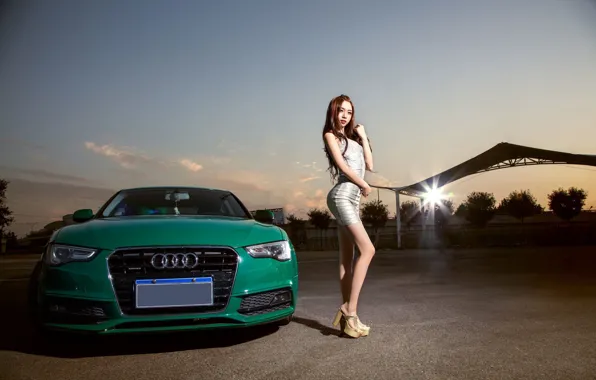 Picture look, girl, Audi, Girls, Asian, green car, standing near the car