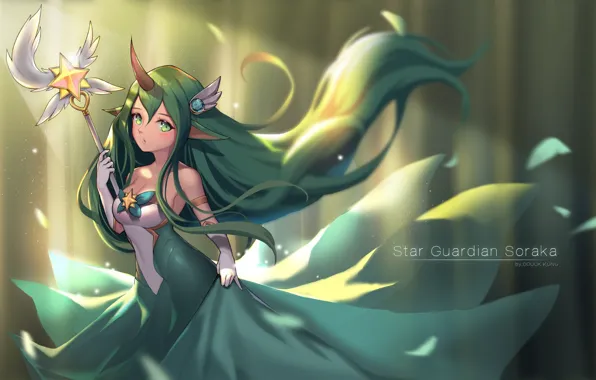 Picture green, girl, star, dress, Soraka, powerful, strong, seifuku, protector, horn, guardian, japonese, star guardian, mahou …