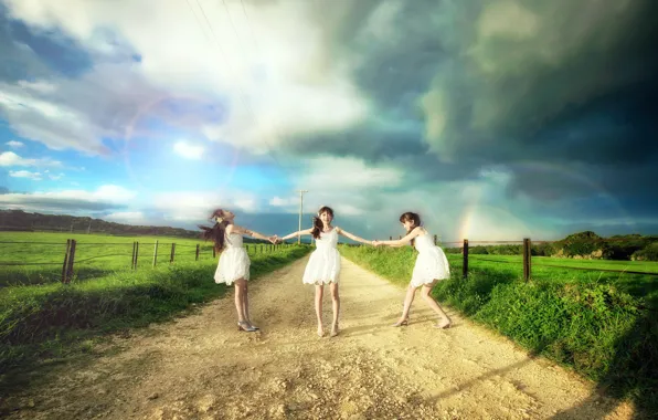 Picture road, summer, girls, mood, rainbow