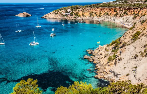 Picture sea, the sky, the sun, stones, coast, yachts, boats, horizon, Spain, Ibiza