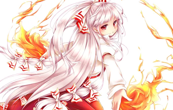 Picture fire, flame, girl, anime, red eyes, pretty, Touhou, japanese, bishojo, spark, mahou