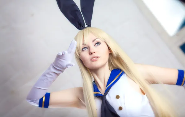 Picture pretty, cosplay, blonde, sofa, pose, rabbit ears, Kantai Collection, Shimakaze