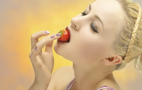 Picture face, mood, model, hand, makeup, strawberry, berry, pigtail, manicure