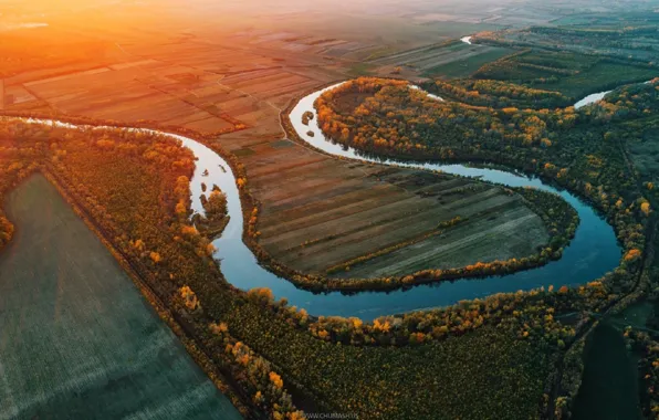 Picture autumn, river, sunrise, drone, Moldova, Rod