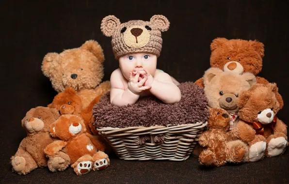 Picture fur, basket, Baby, bear, cap, baby, teddy, Cute