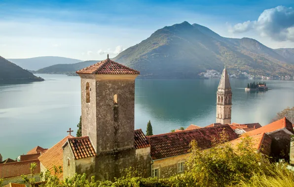 Picture mountains, shore, tower, home, Bay, Sunny, Montenegro, Perast
