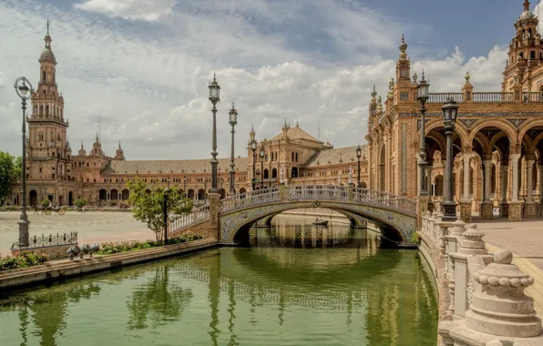 Picture bridge, channel, Spain, Palace, Seville, Espana