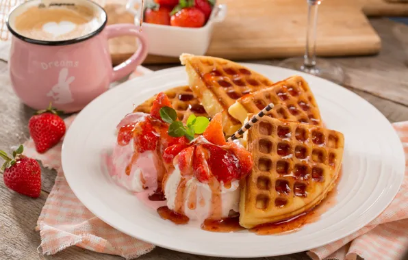 Picture strawberry, ice cream, dessert, waffles