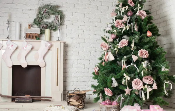 Picture decoration, holiday, tree, candles, New year, fireplace