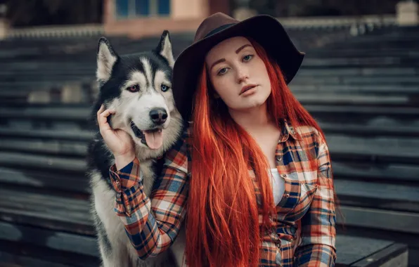Picture look, girl, dog, hat, red, redhead, long hair, husky, Hakan Erenler, Victoria Belova