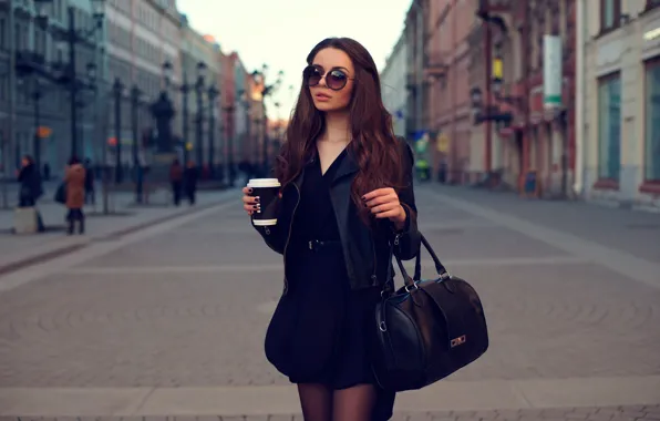 Picture girl, the city, glass, street, home, makeup, dress, glasses, jacket, hairstyle, brown hair, bag, is, …