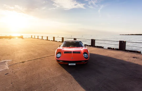 Picture Sunset, The sun, The sky, Color, Sea, Auto, Lamborghini, Machine, Pierce, Classic, 1971, Lights, Car, …