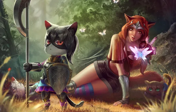 Picture forest, cat, butterfly, art, shield, ears, Princess, defender, axe