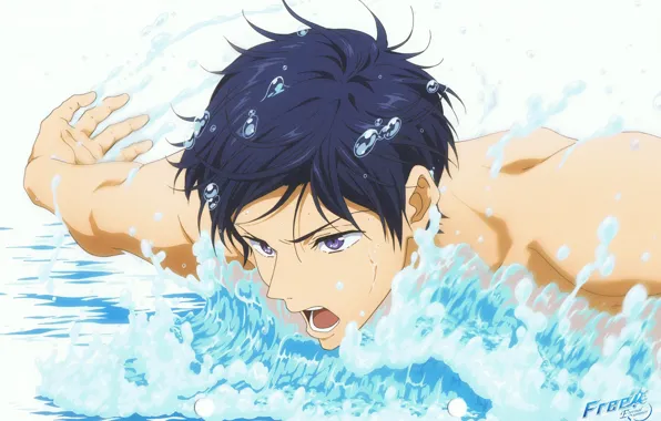 Picture water, squirt, swimmer, athlete, blue hair, swimming, free, freestyle, ryuugazaki rei, by futoshi nishiya