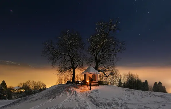Picture winter, the sky, snow, night, traces, chapel