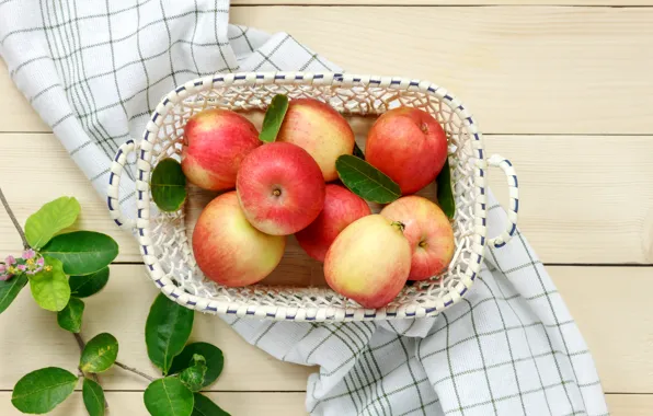 Picture leaves, branches, basket, apples, fruit
