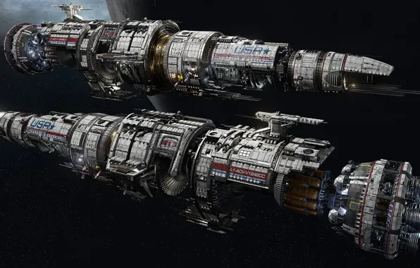 Picture space, planet, ships, Fractured Space, USR Flagship