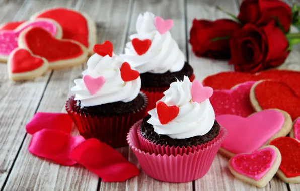 Picture roses, cookies, red, love, cream, hearts, valentine's day, glaze, cupcakes, rockvillephoto