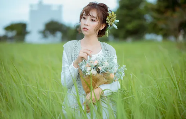 Picture grass, girl, bouquet, Asian