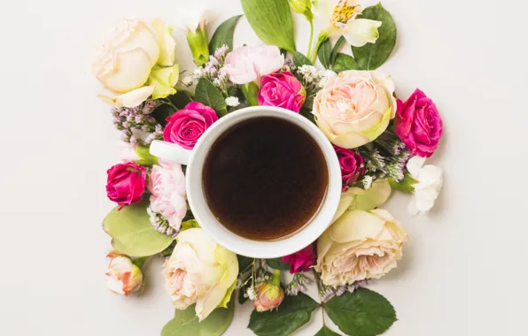 Picture flowers, roses, flowers, cup, decor, coffee, roses, decoration, composition, floral