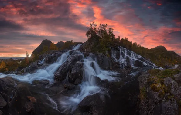 Picture sunset, rocks, waterfall, Norway, Lofoten, Carlos F Turienzo