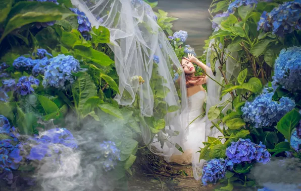 Picture flowers, pose, mood, thickets, Asian, the bride, wedding dress, hydrangea