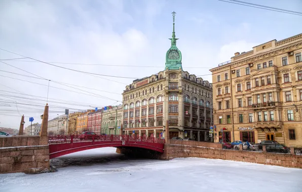 Picture ice, winter, the sky, bridge, river, HDR, home, Saint Petersburg, promenade, rivers, bridges, houses, St. …