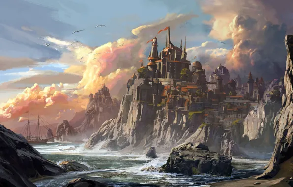 Picture castle, shore, ship, Wizards of the Coast, Jedd Chevrier, Neverwinter Harbor