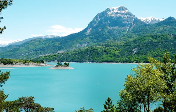 Picture mountains, lake, France, island, chapel, France, the lake of Savines, Chapeelle St-Micehle