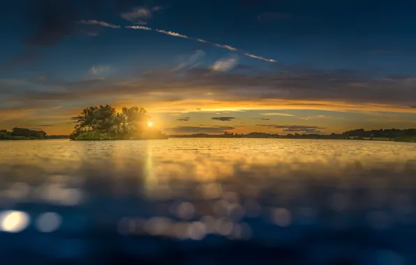 Picture summer, water, sunset, lake, island, the evening, Bank, bokeh, water surface, Blurred